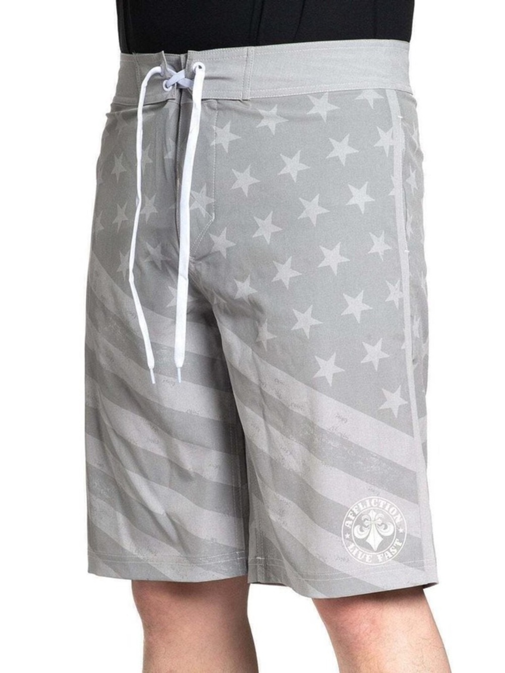 Affliction Men's Light Gray Star & Stripe Swim Board Shorts